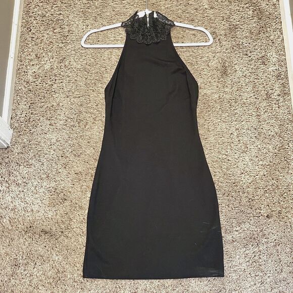 Black Lace Halter Mini Dress Size Small Fairy Grunge Gothic Bodycon Witchy Party - Picture 6 of 11